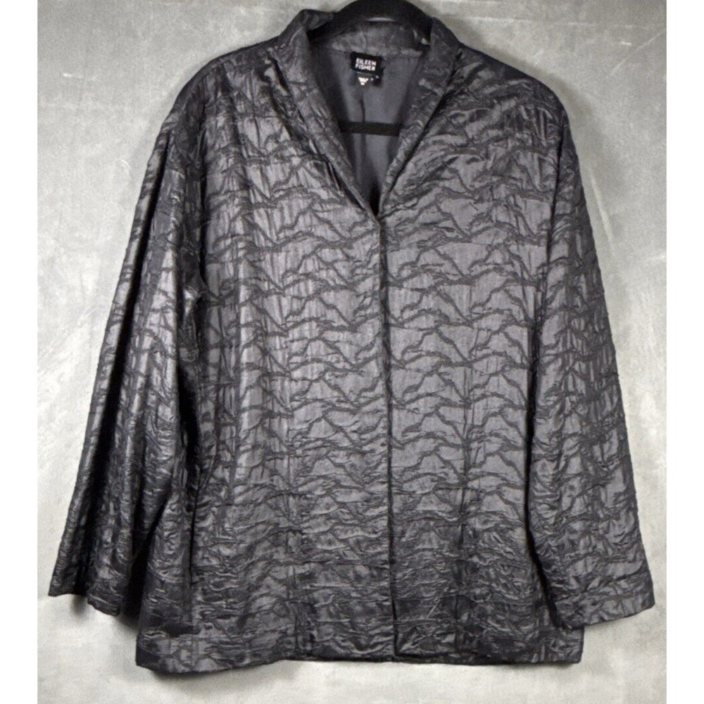 Eileen Fisher 100% Tussah Silk Textured Single Snap Black Jacket Pockets Sz MED.